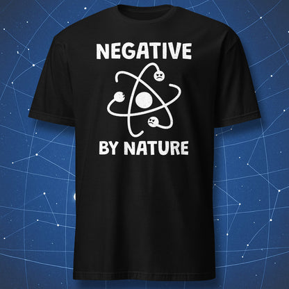Negative by Nature physics T-shirt in black featuring a grumpy atom and electrons