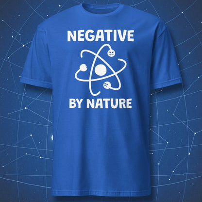 Negative by Nature science T-shirt in royal blue with an atom graphic