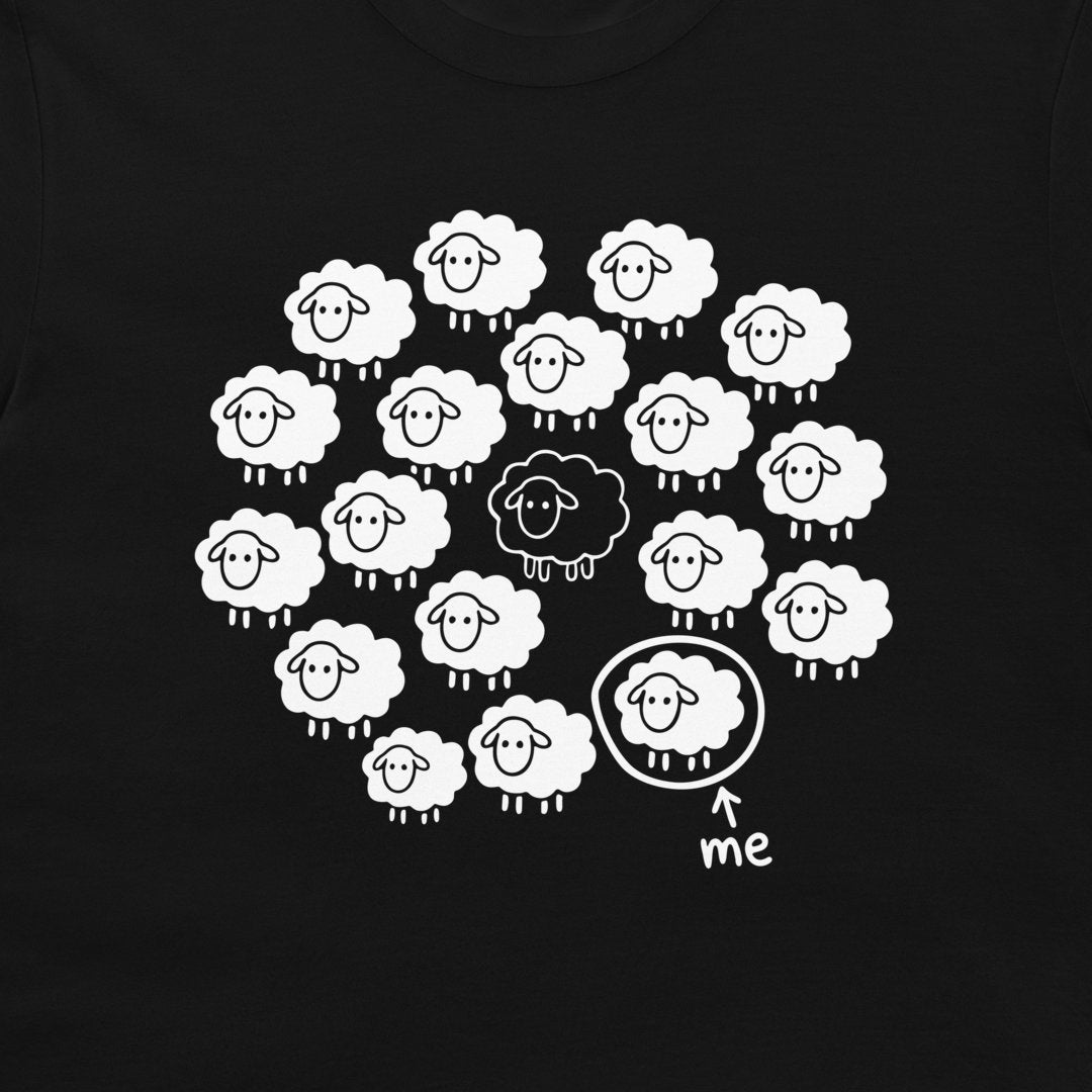 Close-up of the Not the Black Sheep design with one black sheep and an ordinary white sheep labeled me