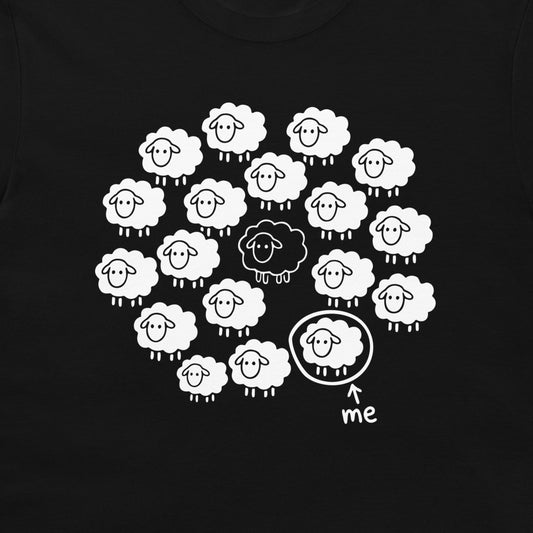 Close-up of the Not the Black Sheep design with one black sheep and an ordinary white sheep labeled me
