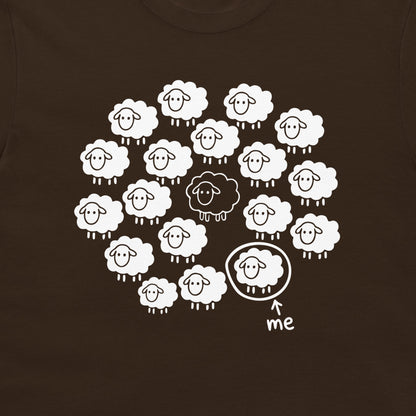 Close-up of the Not the Black Sheep sheep humor design on a dark chocolate T-shirt