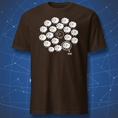 Not the Black Sheep T-shirt in dark chocolate with a funny sheep flock design
