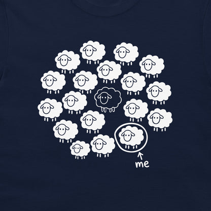 Close-up of the Not the Black Sheep funny sheep design printed on a navy T-shirt
