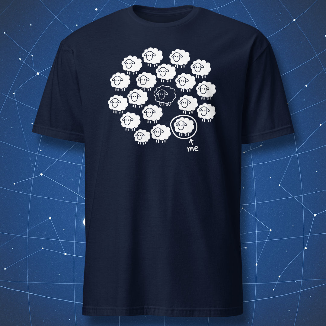 Not the Black Sheep T-shirt in navy featuring a flock of sheep and a white sheep labeled me