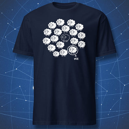 Not the Black Sheep T-shirt in navy featuring a flock of sheep and a white sheep labeled me