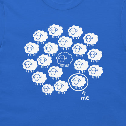 Close-up of the Not the Black Sheep self-deprecating sheep design on a royal blue T-shirt