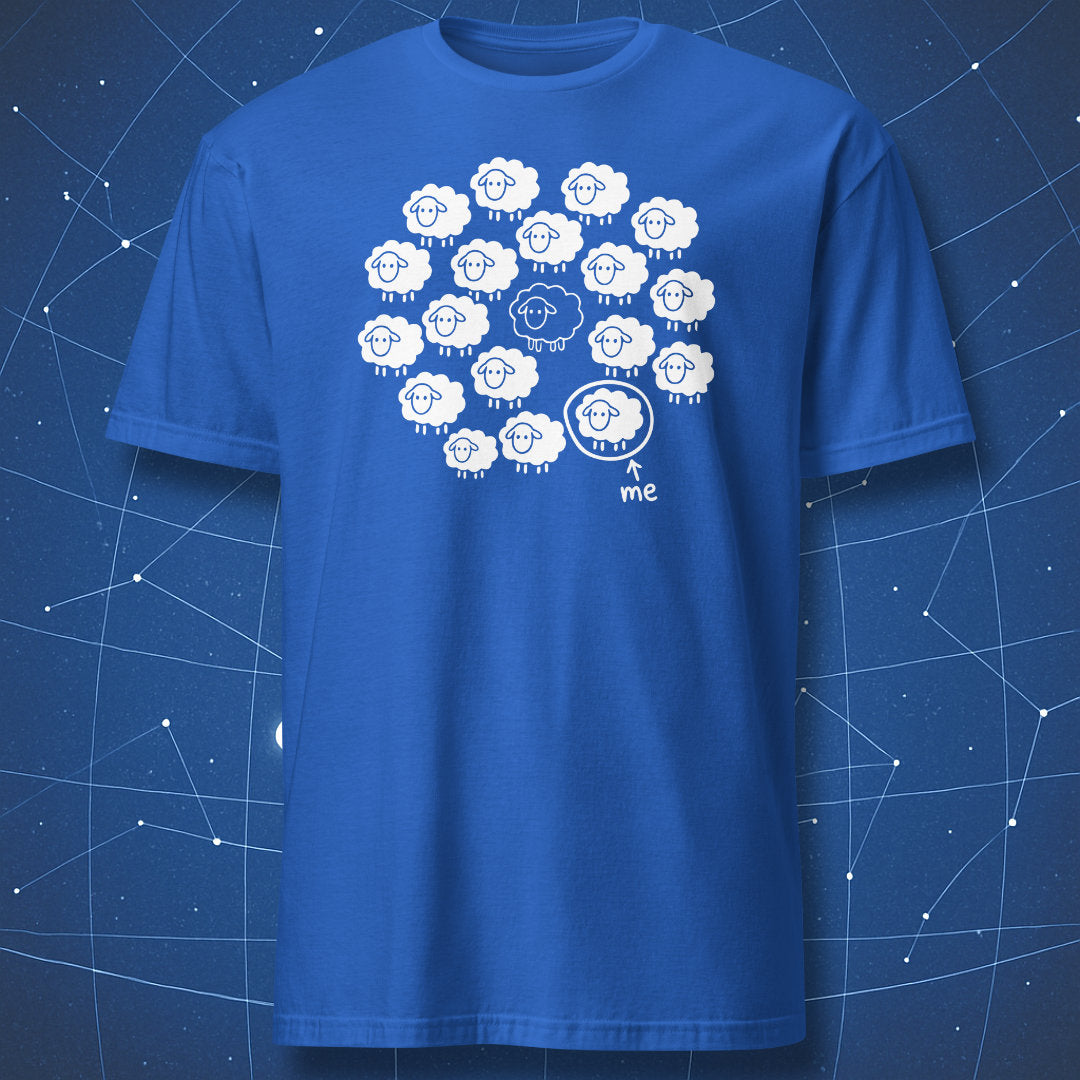Not the Black Sheep T-shirt in royal blue with one black sheep and an ordinary sheep labeled me