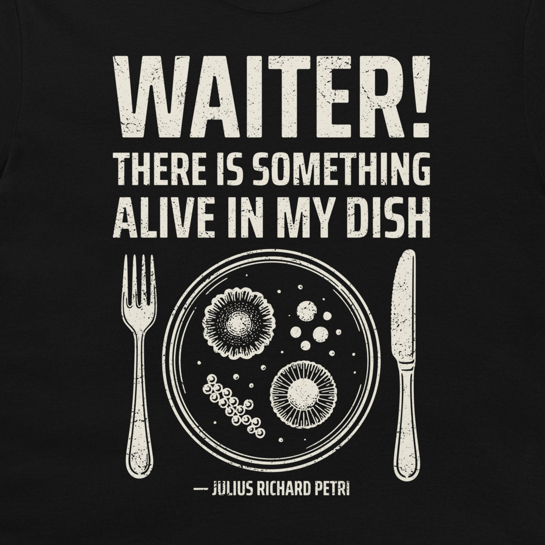 Close-up of Petri dish microbiology design on black T-shirt.