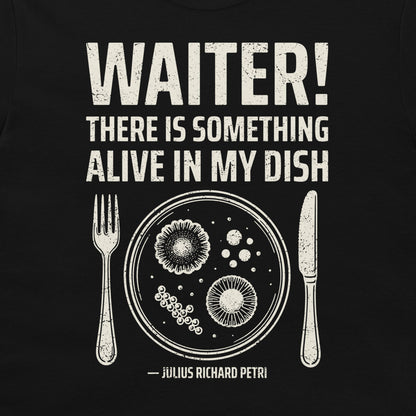 Close-up of Petri dish microbiology design on black T-shirt.