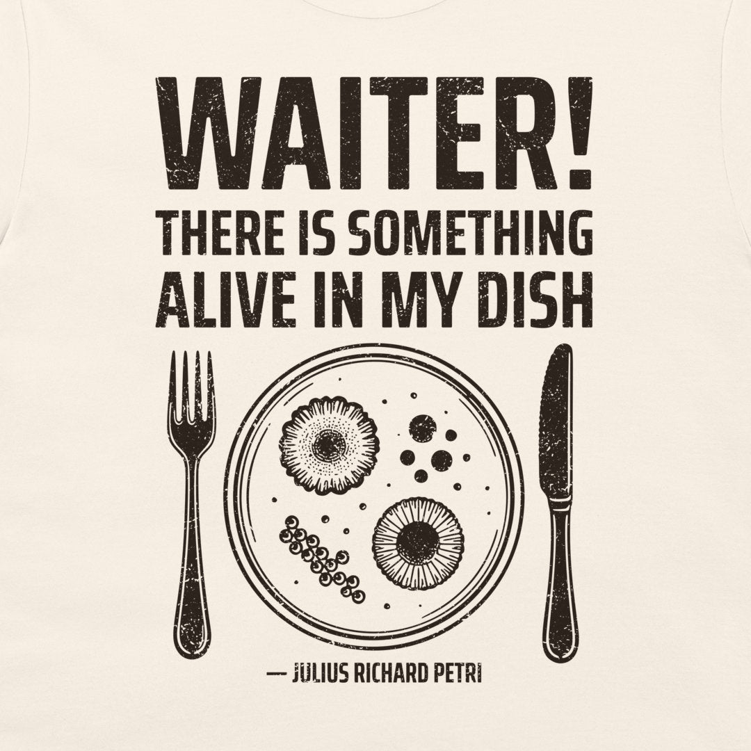Close-up of Petri dish microbiology design on natural T-shirt.