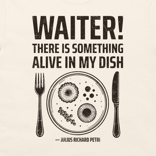 Close-up of Petri dish microbiology design on natural T-shirt.
