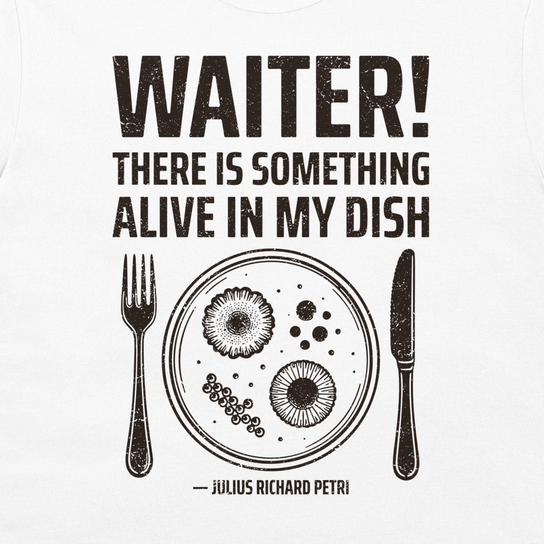 Close-up of Petri dish microbiology design on white T-shirt.