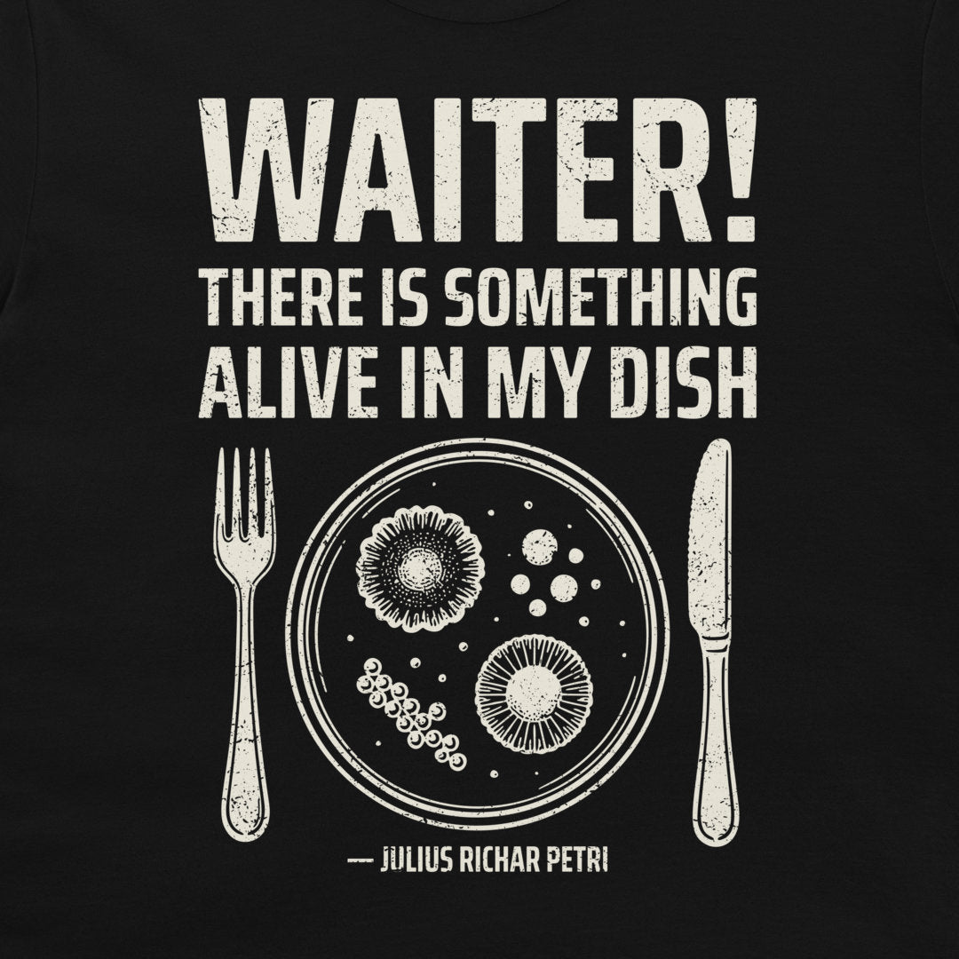 Close-up of Petri dish microbiology design on black T-shirt.