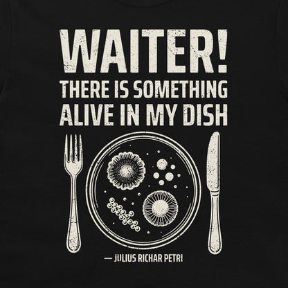 Close-up of Petri dish microbiology design on black T-shirt.