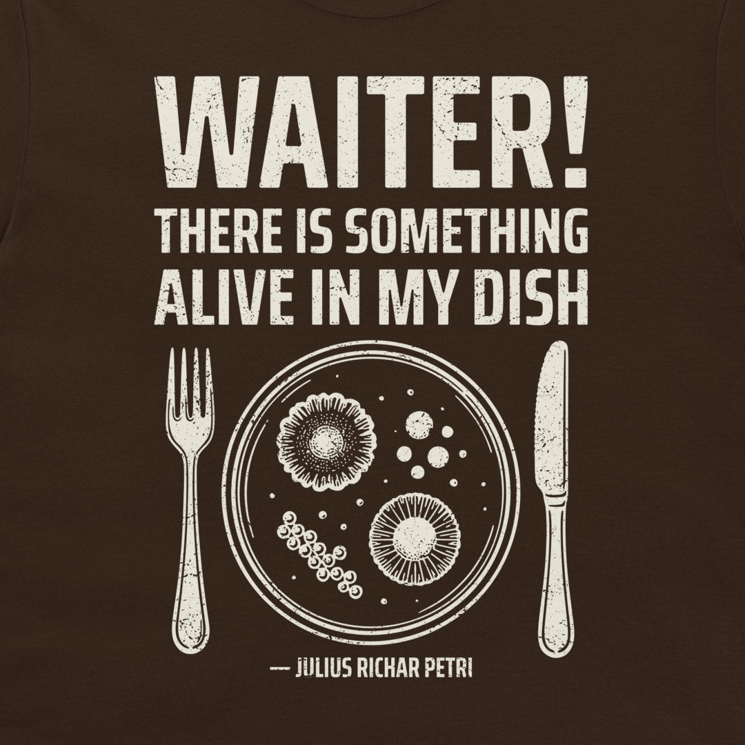 Close-up of Petri dish microbiology design on dark chocolate T-shirt.