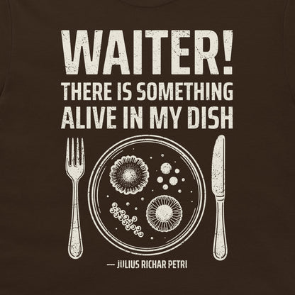 Close-up of Petri dish microbiology design on dark chocolate T-shirt.
