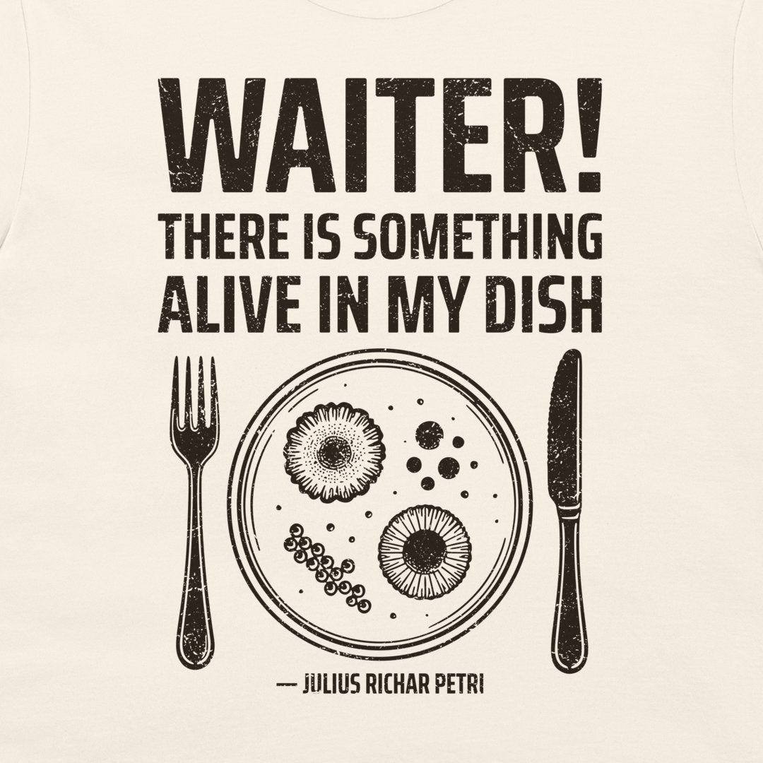 Close-up of Petri dish microbiology design on natural T-shirt.