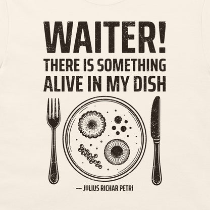 Close-up of Petri dish microbiology design on natural T-shirt.