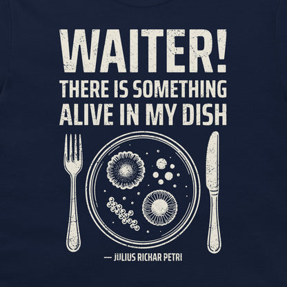 Close-up of Petri dish microbiology design on navy T-shirt.