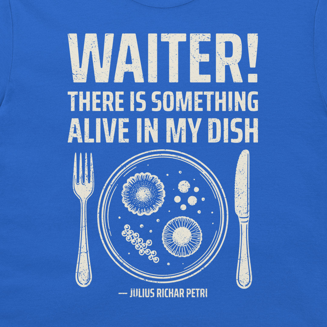 Close-up of Petri dish microbiology design on royal blue T-shirt.