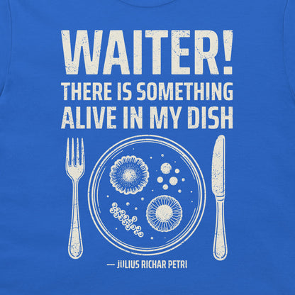 Close-up of Petri dish microbiology design on royal blue T-shirt.