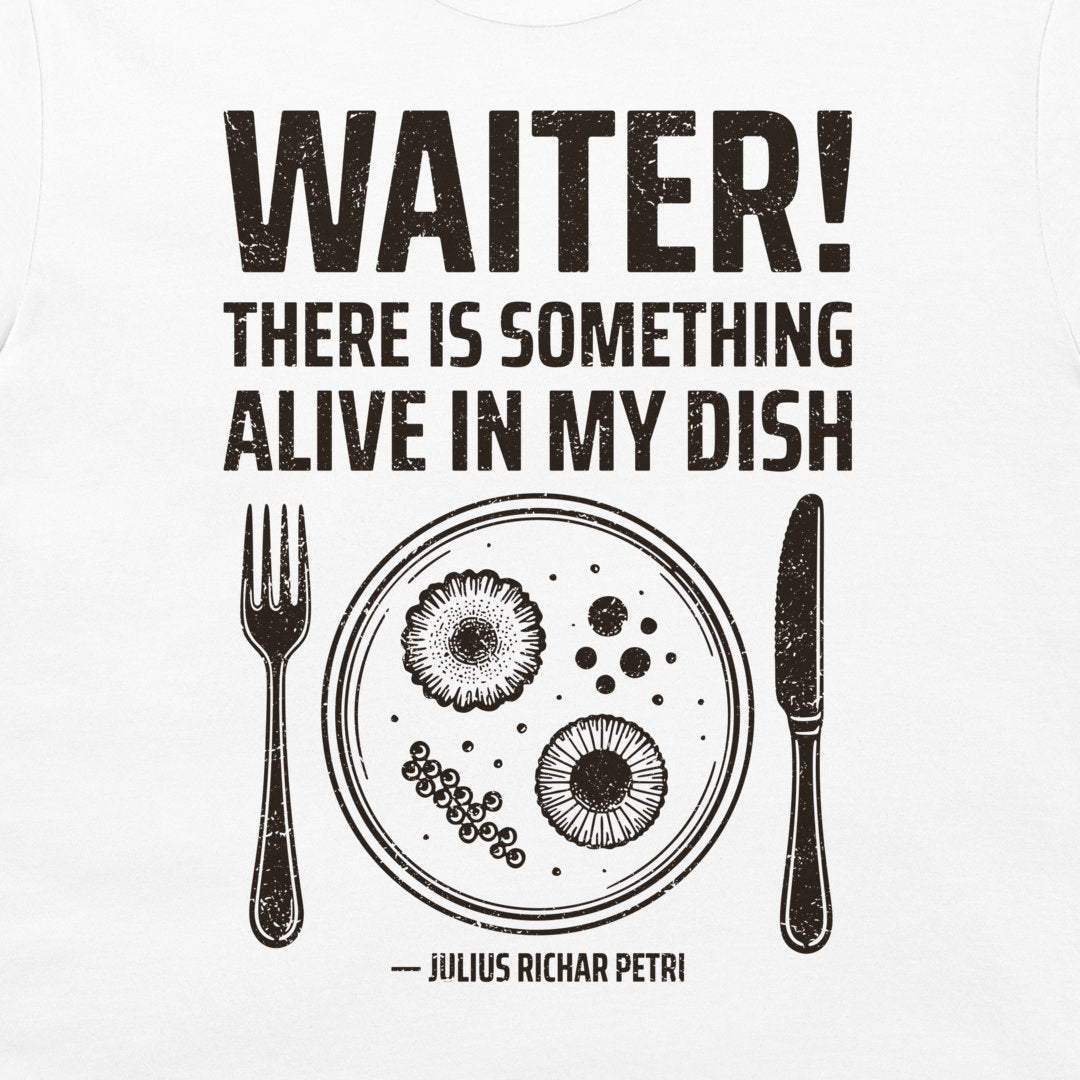 Close-up of Petri dish microbiology design on white T-shirt.