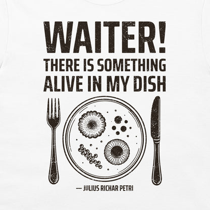 Close-up of Petri dish microbiology design on white T-shirt.
