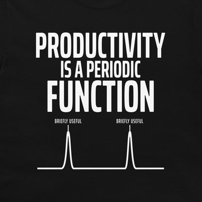 Close-up of the periodic productivity graph design printed in white on a black T-shirt