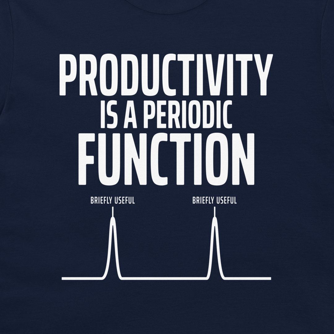 Close-up of the Productivity Is a Periodic Function design on a navy T-shirt