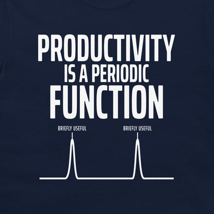 Close-up of the Productivity Is a Periodic Function design on a navy T-shirt
