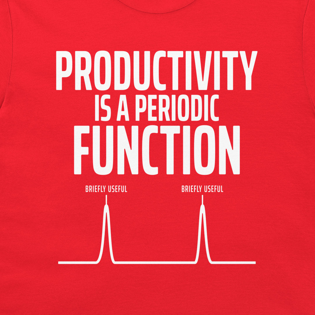 function-design-red
Close-up of the Productivity Is a Periodic Function graphic on a red T-shirt