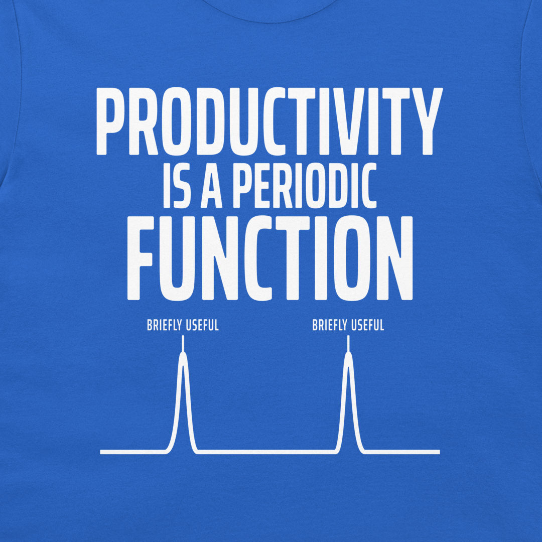Close-up of the briefly useful periodic function graphic on a royal blue T-shirt