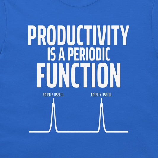 Close-up of the briefly useful periodic function graphic on a royal blue T-shirt