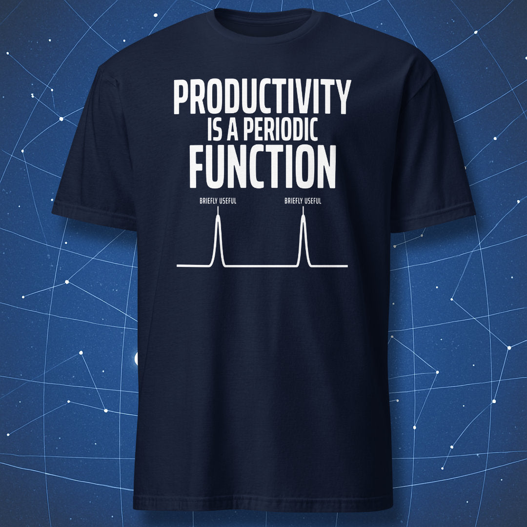 Navy T-shirt featuring a periodic productivity graph with two briefly useful peaks