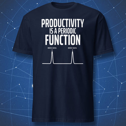Navy T-shirt featuring a periodic productivity graph with two briefly useful peaks