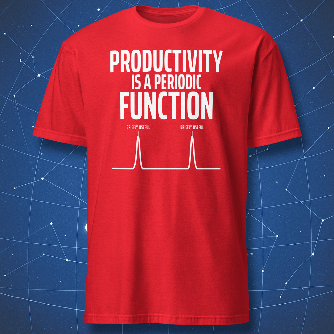 Red T-shirt featuring a periodic function graph with two briefly useful productivity peaks