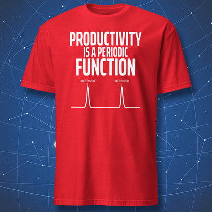 Red T-shirt featuring a periodic function graph with two briefly useful productivity peaks