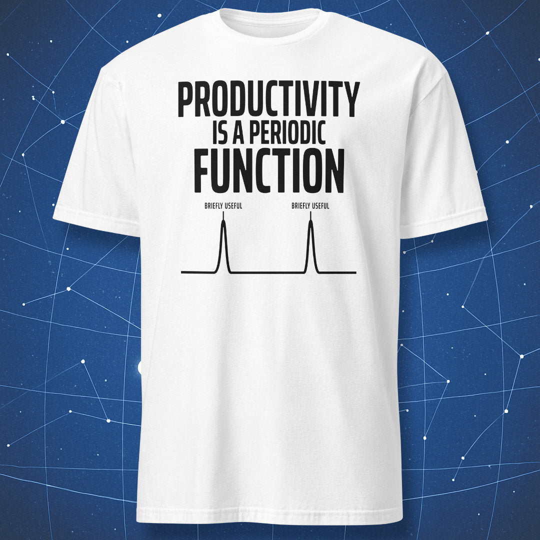 White T-shirt with a black periodic productivity graph and briefly useful peak labels