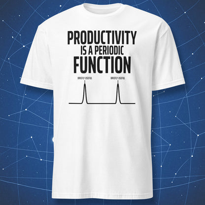 White T-shirt with a black periodic productivity graph and briefly useful peak labels
