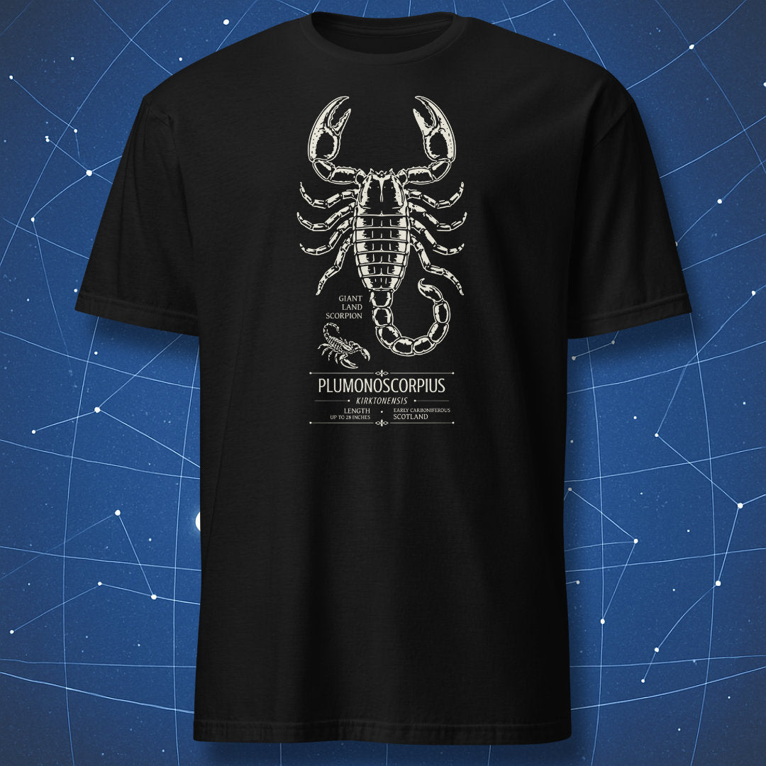Black T-shirt with Pulmonoscorpius kirktonensis giant prehistoric scorpion design