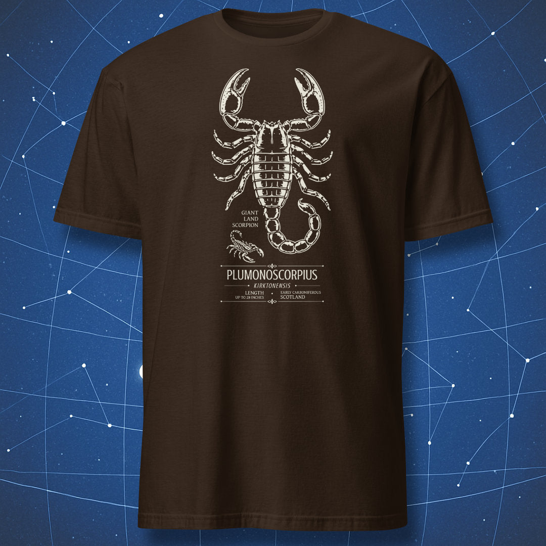 Dark chocolate T-shirt with Pulmonoscorpius prehistoric scorpion illustration