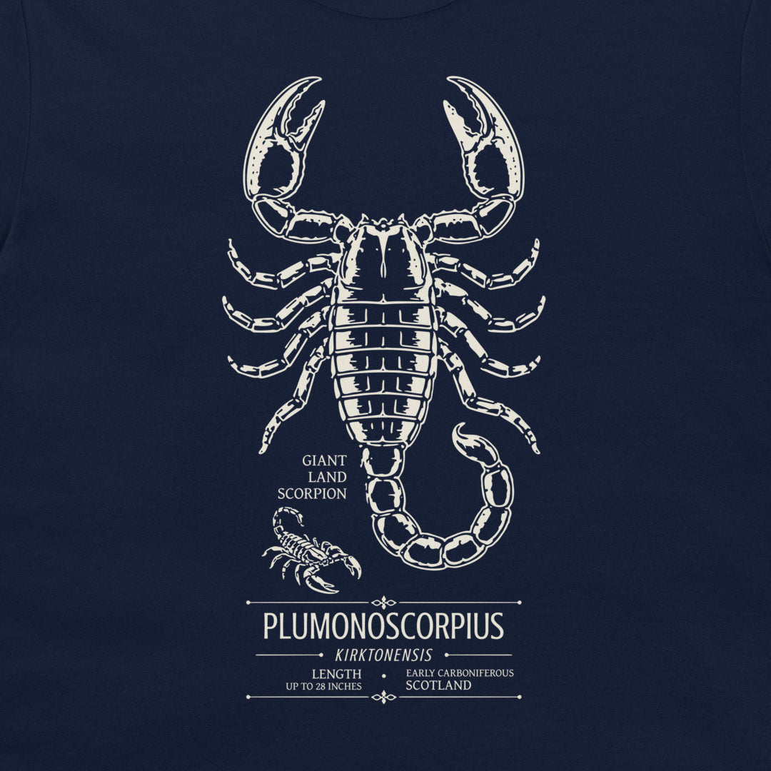Pulmonoscorpius scientific prehistoric scorpion illustration on navy T-shirt