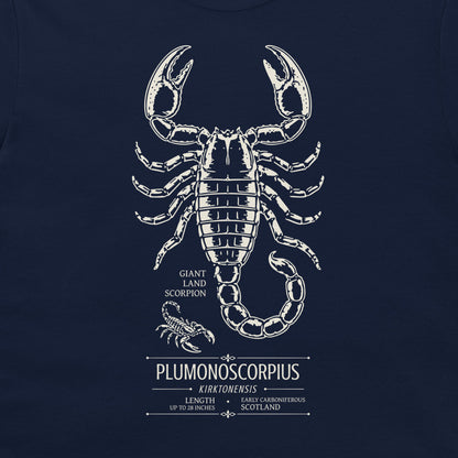 Pulmonoscorpius scientific prehistoric scorpion illustration on navy T-shirt