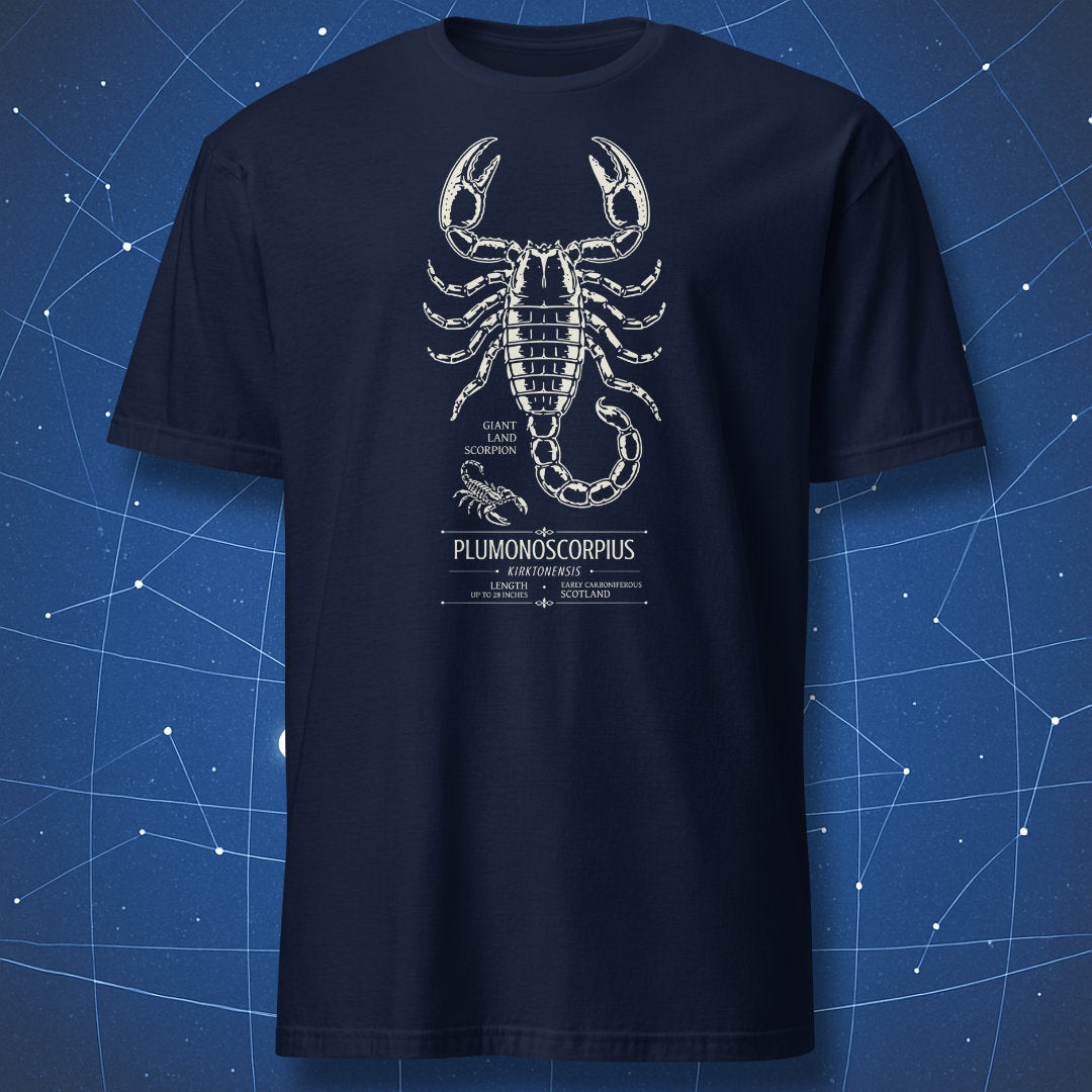 Navy T-shirt with Pulmonoscorpius kirktonensis prehistoric scorpion design