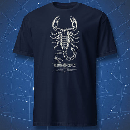 Navy T-shirt with Pulmonoscorpius kirktonensis prehistoric scorpion design