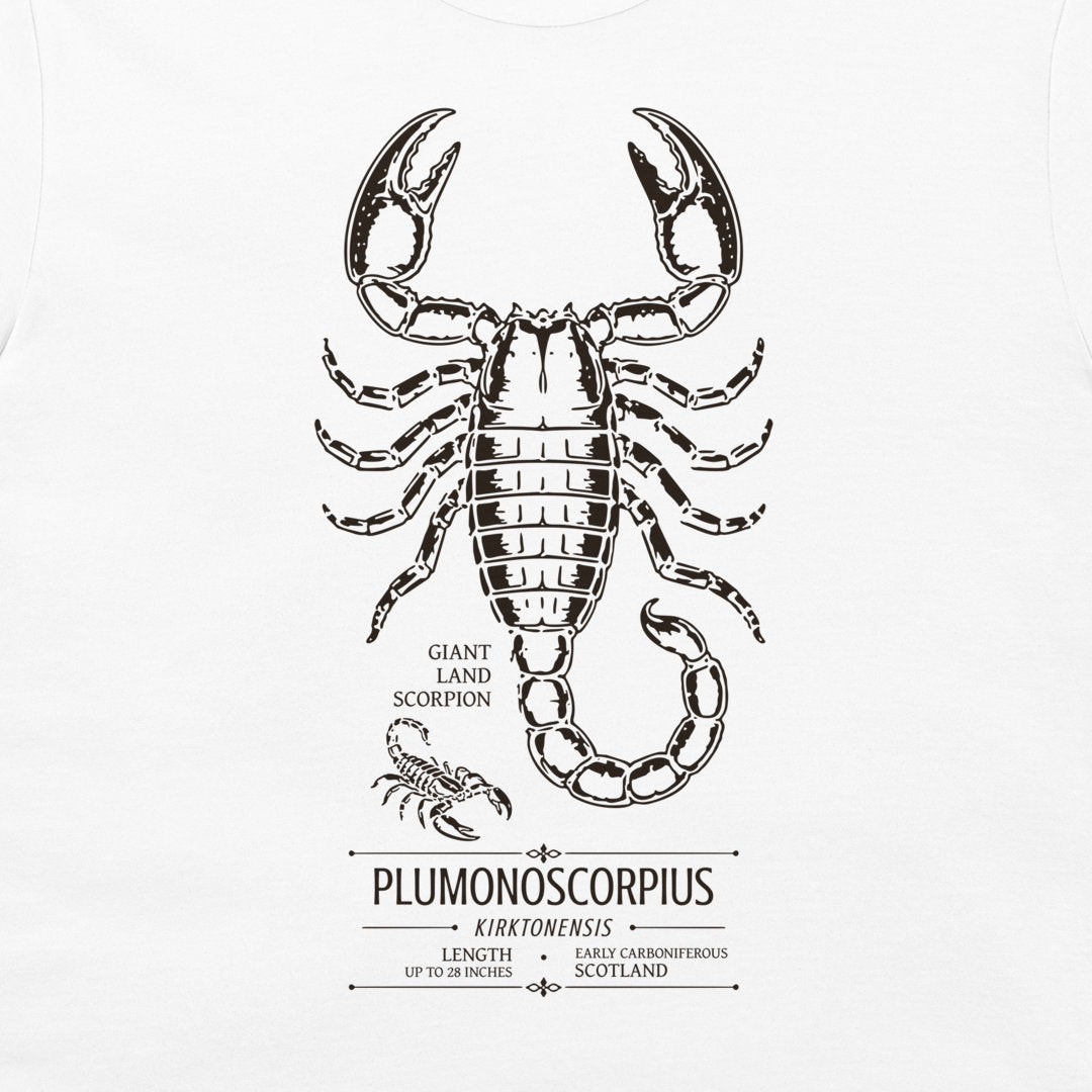 Pulmonoscorpius scientific giant scorpion design with Carboniferous facts on white T-shirt