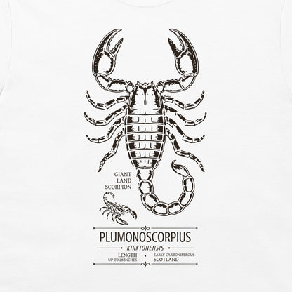 Pulmonoscorpius scientific giant scorpion design with Carboniferous facts on white T-shirt