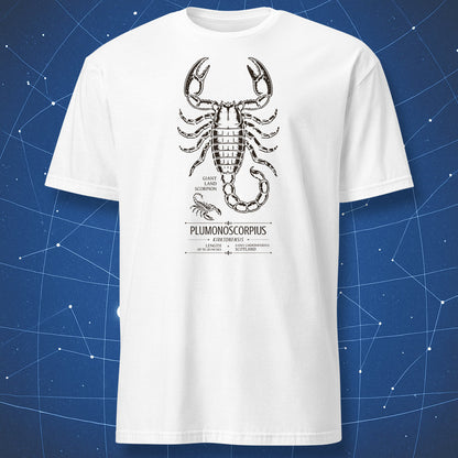 White T-shirt with Pulmonoscorpius kirktonensis prehistoric scorpion illustration