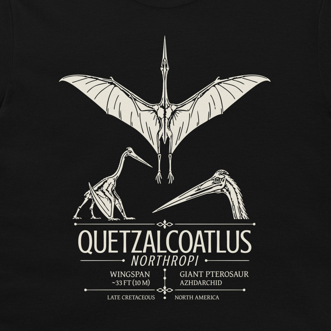 Quetzalcoatlus northropi flight, standing and head illustrations on black T-shirt
