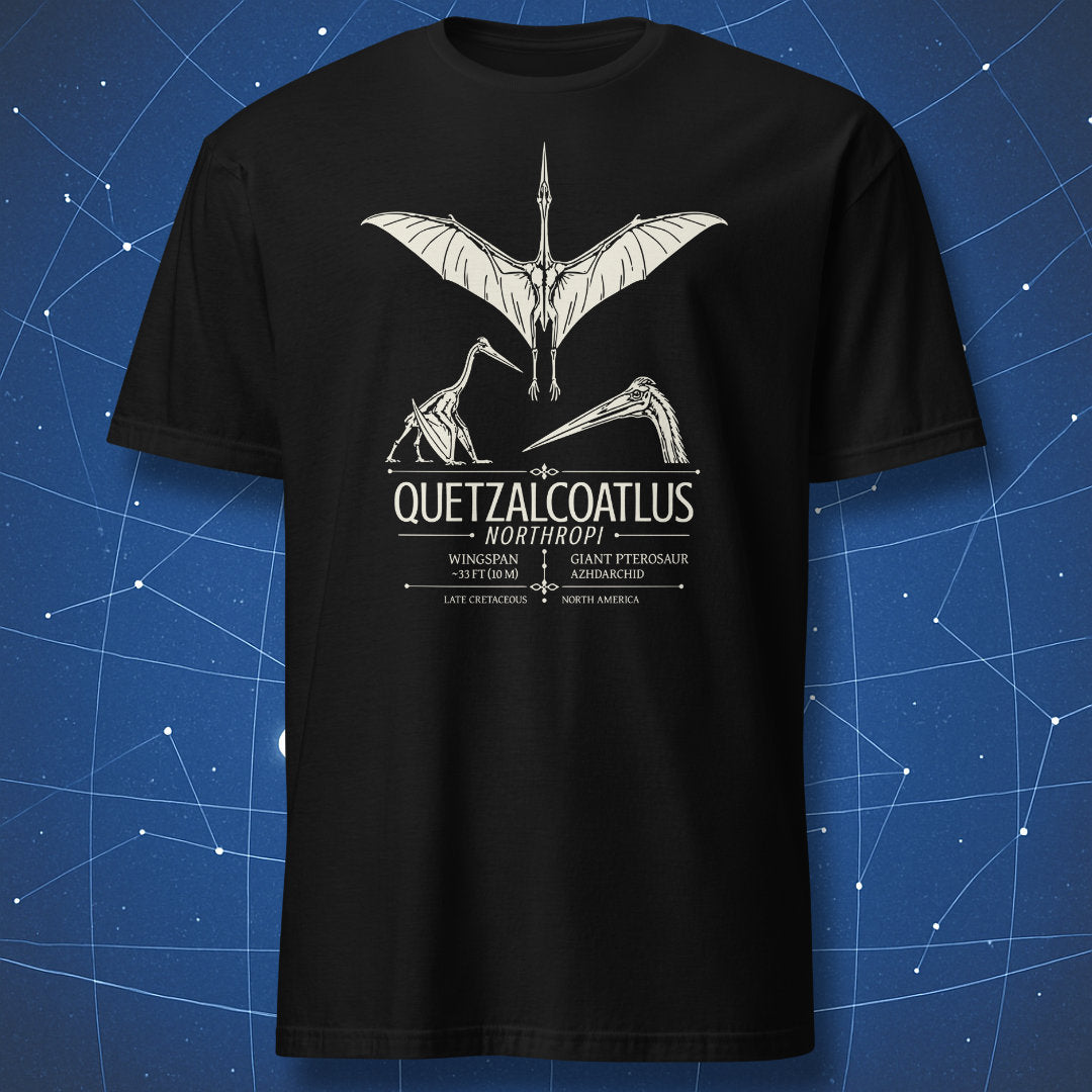 Black T-shirt with Quetzalcoatlus northropi giant pterosaur scientific design